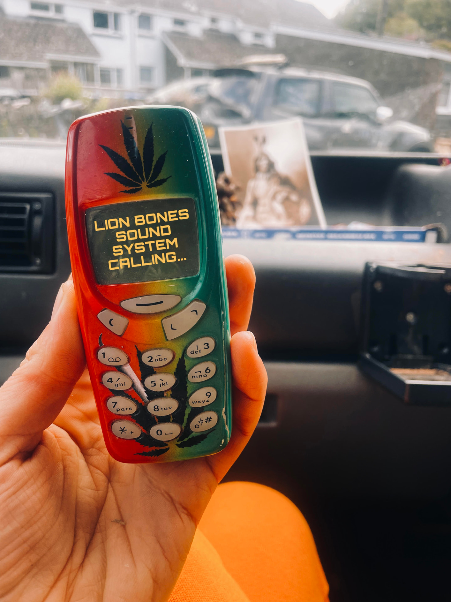 Retro mobile phone painted with LION BONES SOUND SYSTEM CALLING text